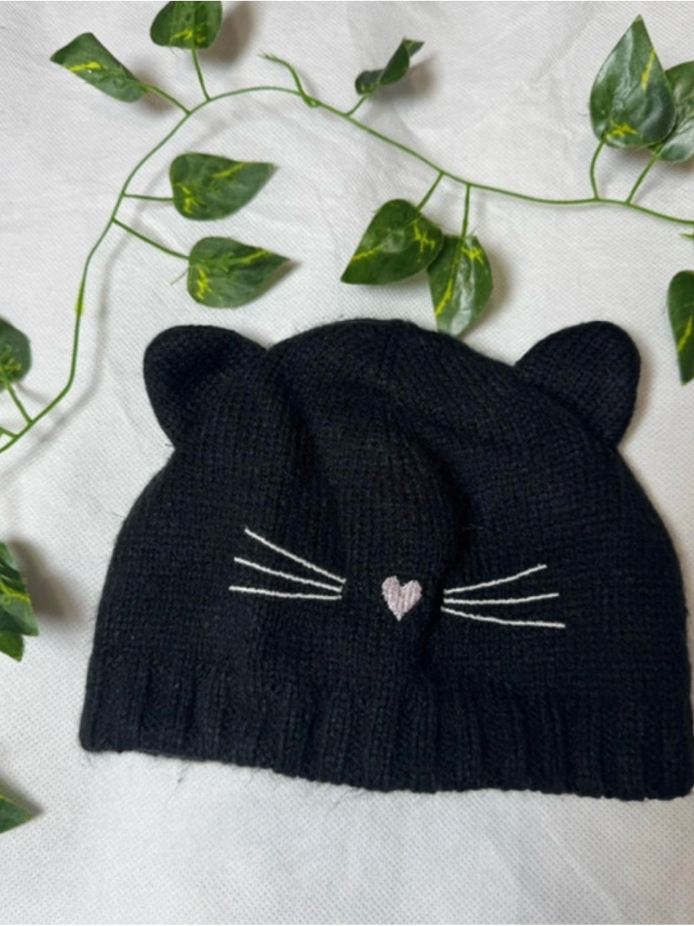 Old Navy Black Knit Cat Ear Beanie with Pink Heart